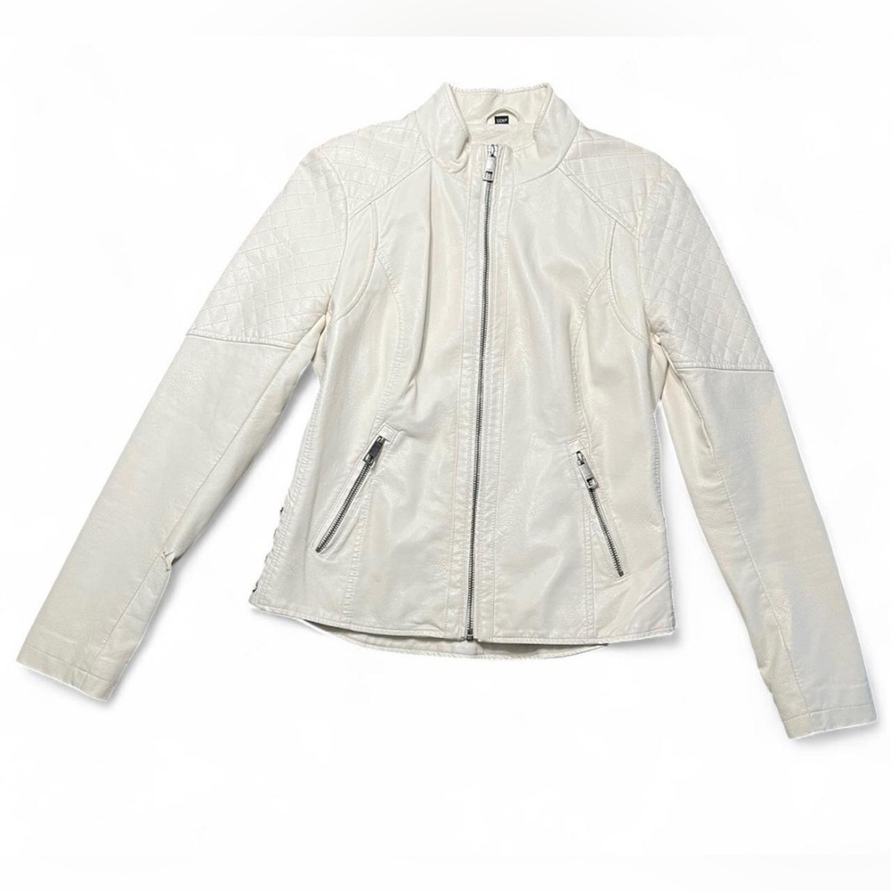 Guess white faux-leather moto jacket with quilted shoulder and arm accents